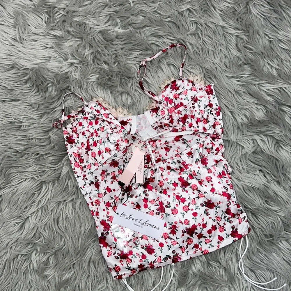 For Love & Lemons Melrose Floral Lace Trim Cut-Out Back White & Red Bustier Top